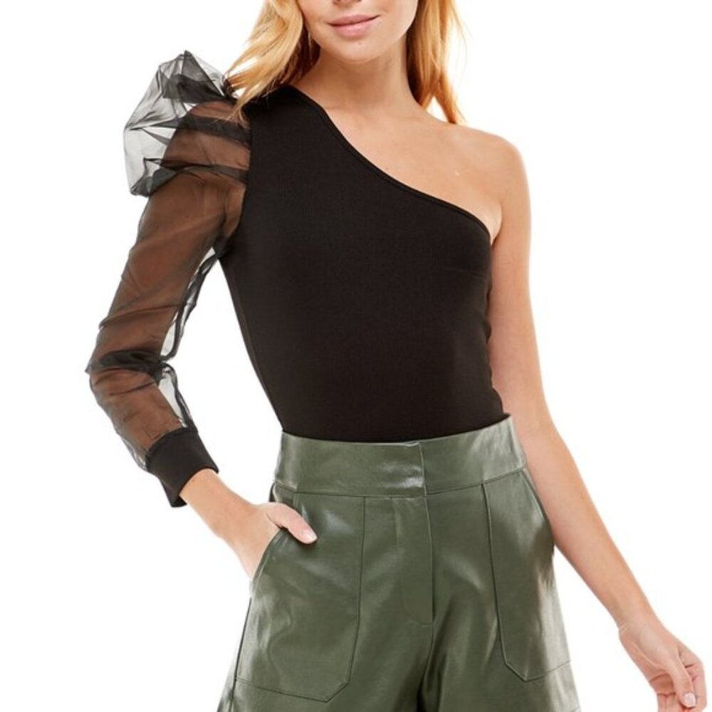 TCEC One Sleeve Organze Sheer Puff Detail Ribbed Bodysuit Top Black Small